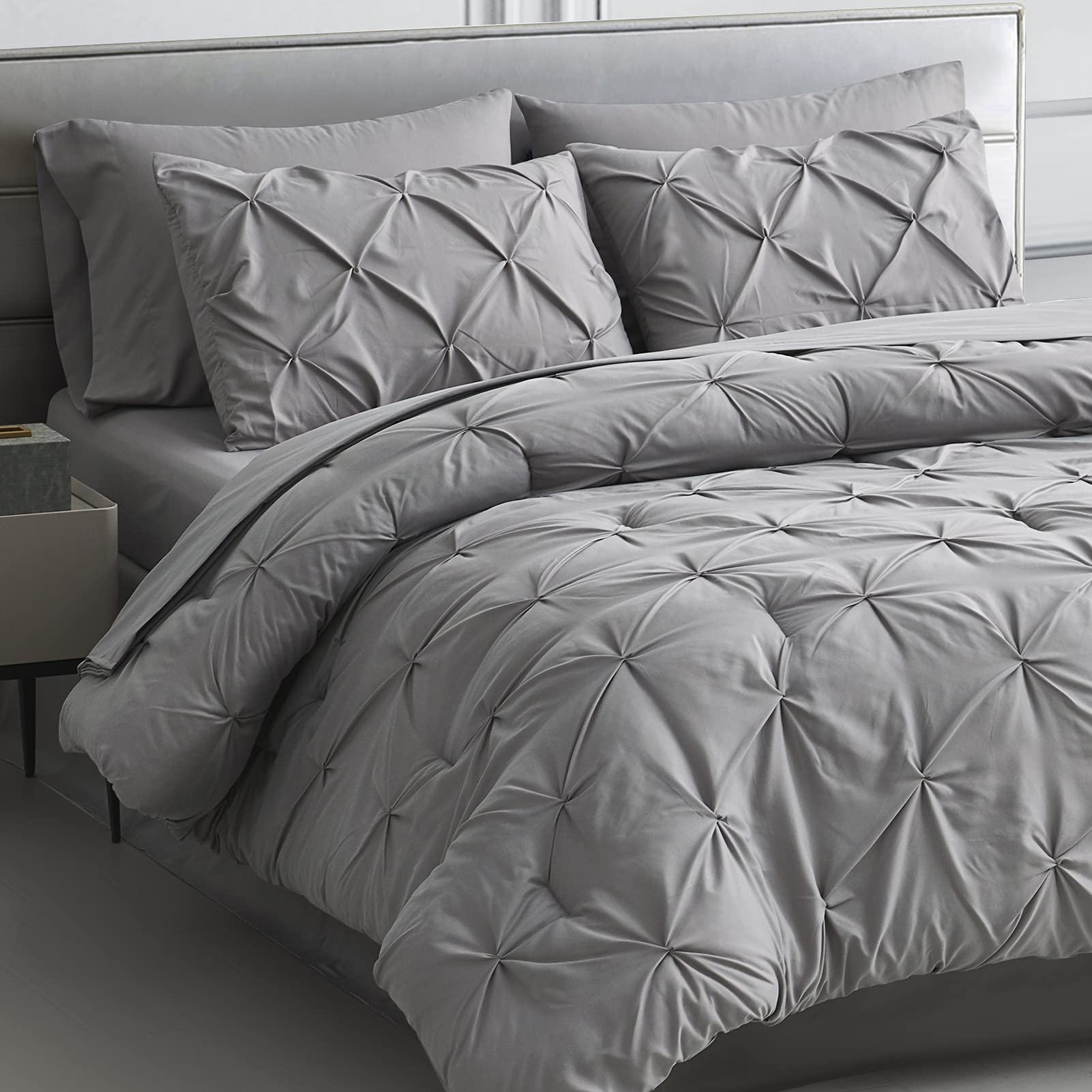 Maple&Stone Twin Comforter Set - 5 Pieces, Grey, All Season, Microfiber, Pintuck Bed In A Bag With Sheets, Pillowcase & Sham
