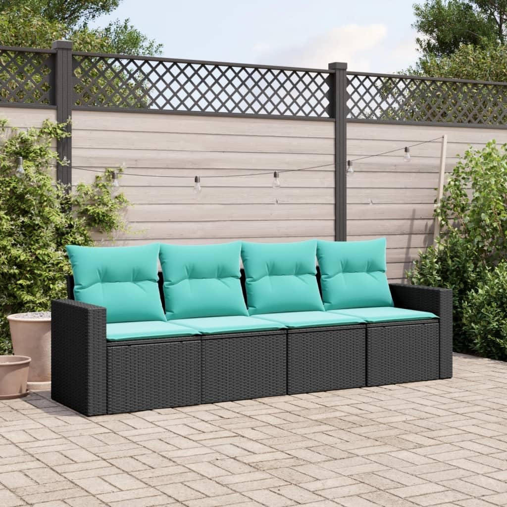 vidaXL Patio Sofa Set - Black Poly Rattan - 4-Piece Outdoor Furniture with Blue Cushions - Modular Design - Built-in Storage - PE Rattan