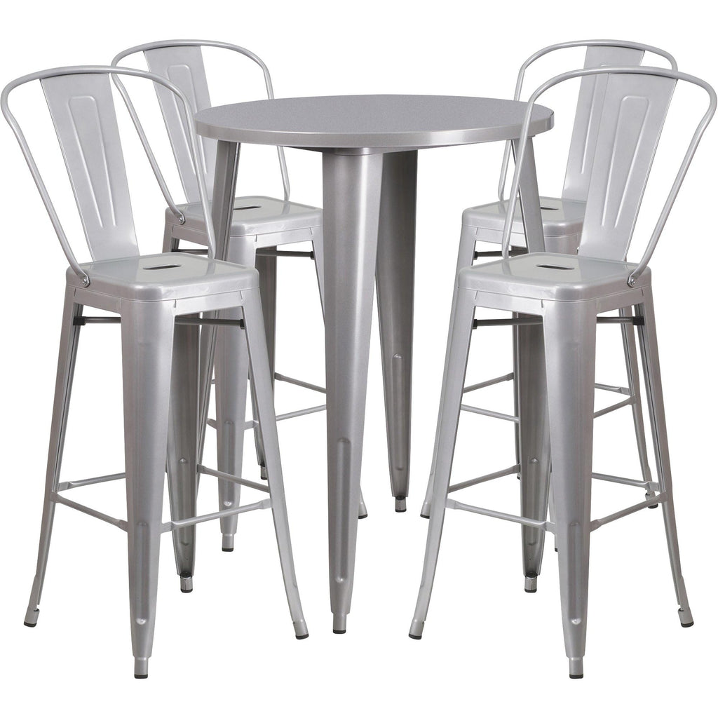 Flash Furniture Callum Commercial Grade 30" Round Silver Metal Indoor-Outdoor Bar Table Set With 4 Cafe Stools