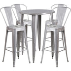 Flash Furniture Callum Commercial Grade 30" Round Silver Metal Indoor-Outdoor Bar Table Set With 4 Cafe Stools