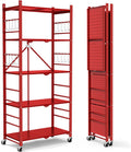 Storage Shelves with 20 Hooks, 5-Tier Foldable Shelves for Storage, Folding Utility Shelf Unit Pantry Shelves with Wheels, Metal