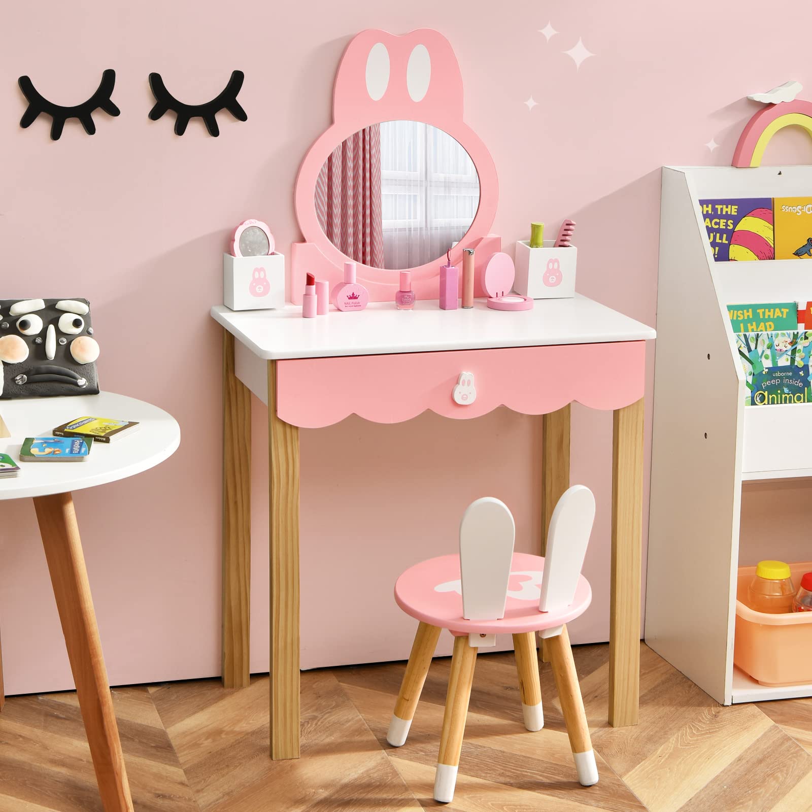 Costzon Kids Vanity Set with Mirror, 2 in 1 Princess Makeup Dressing Table w/Detachable Top, Toddler Vanity with Chair, Drawer &