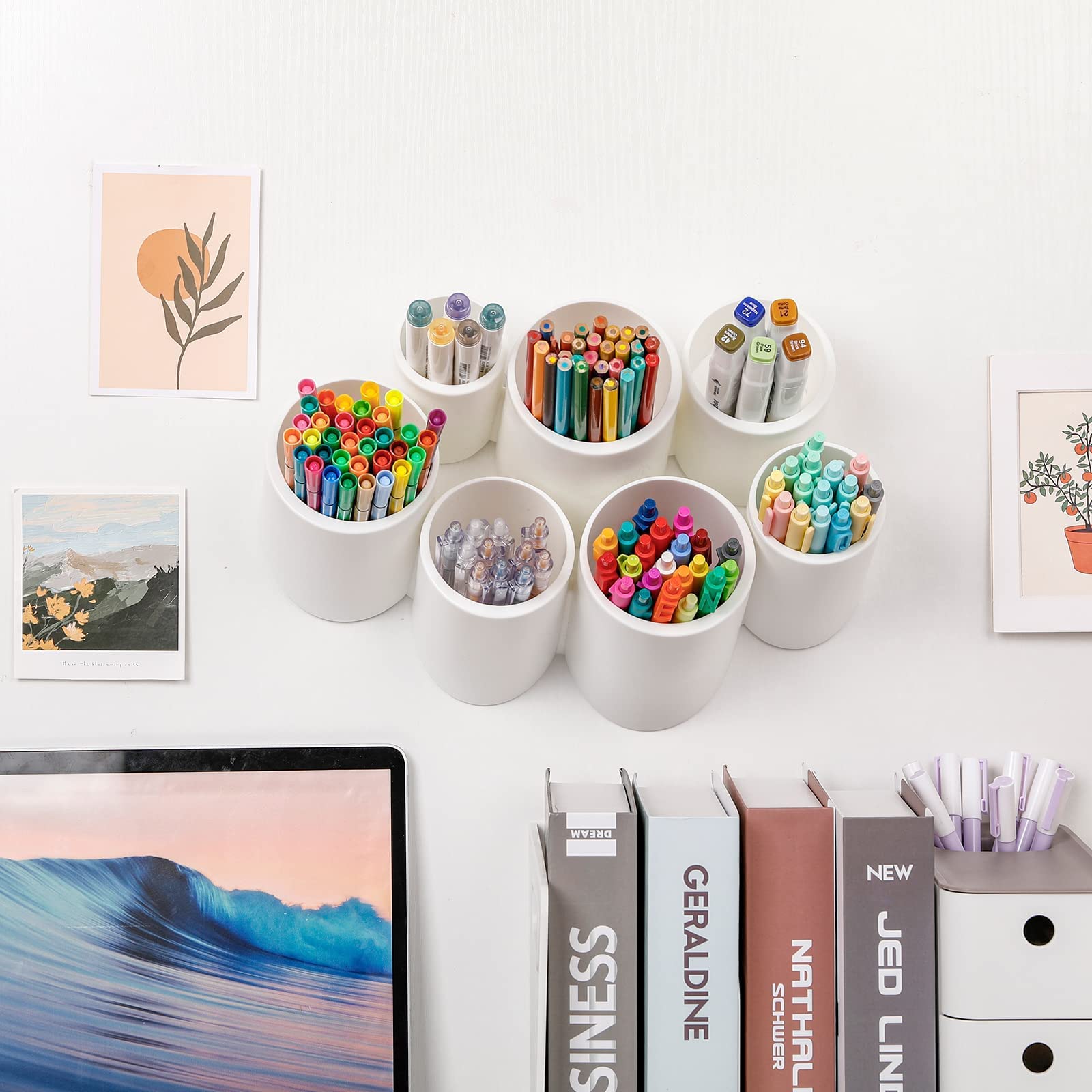 Yesesion Aesthetic Pencil Holder For Desk, Large Decorative Adhesive Wall-Mounted Pen Organizer With 7 Compartments, Round Marke