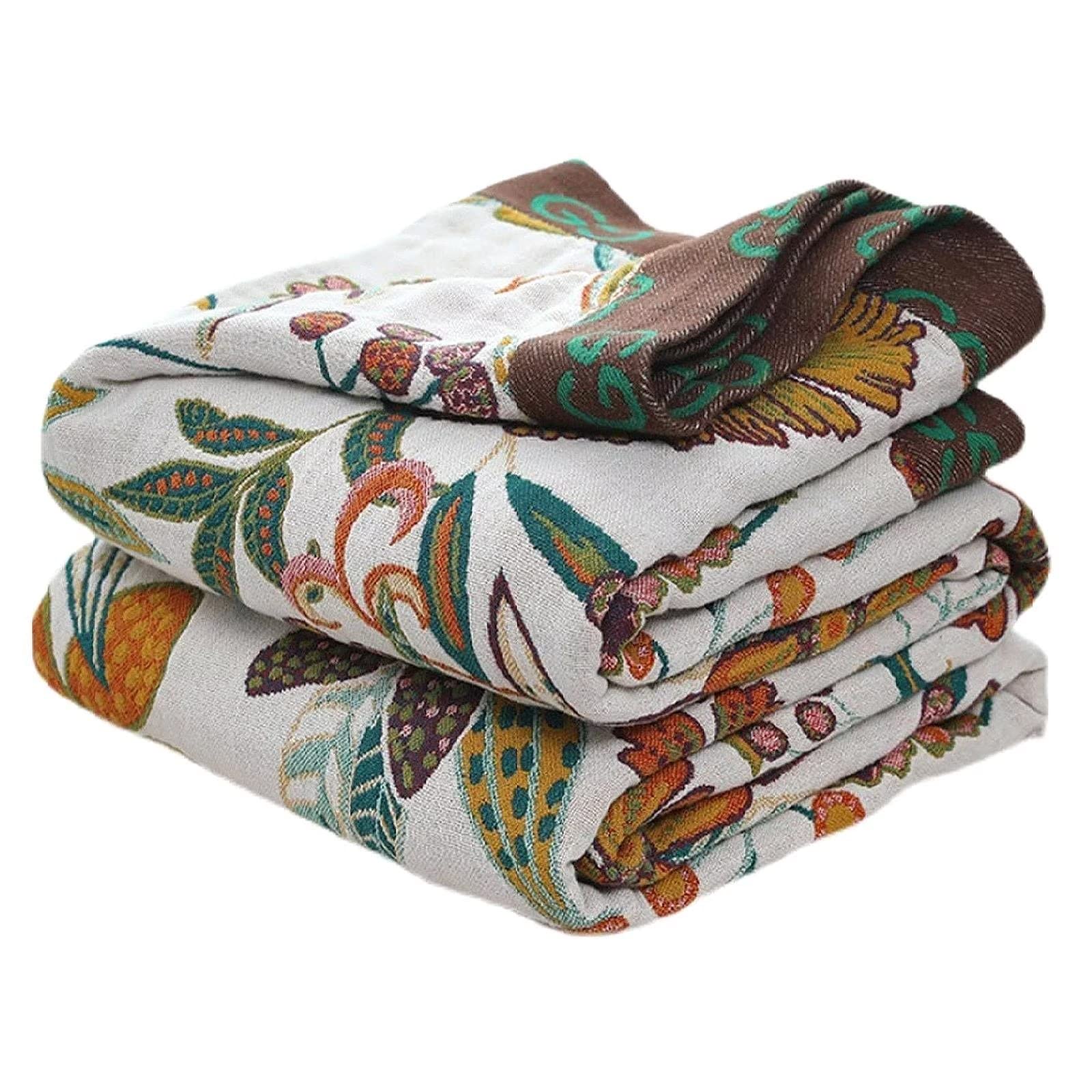 Fall Throw Blanket For Couch Bed Chair, 100% Cotton Muslin 4-Layer Breathable Woven Throws 60'X 80' Boho Vintage Quilt For All