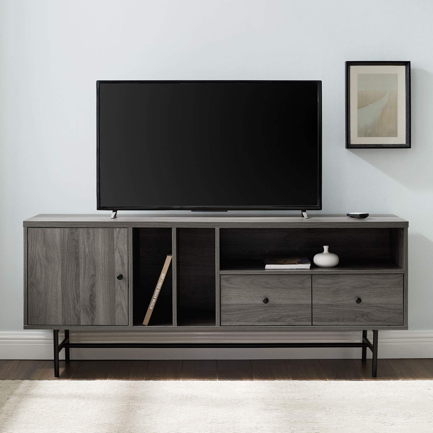 Walker Edison Modern Wood Tv Stand With Record Storage For Tv'S Up To 65' Flat Screen Universal Tv Console Living Room Storage Cabinet Doors Shelves Entertainment Center, 60 Inch, Dark Walnut