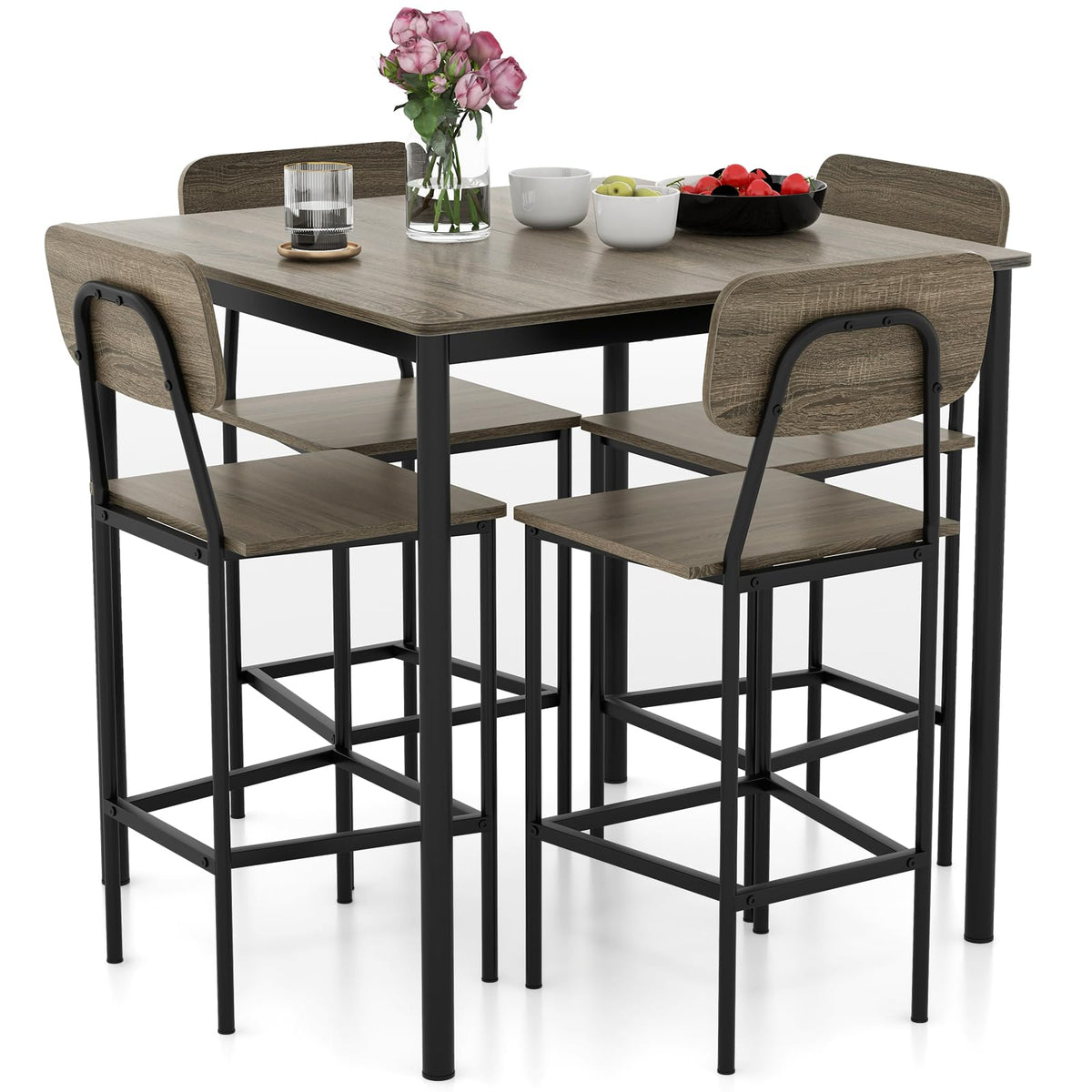 Giantex 5-Piece Dining Table Set W/Counter Height Table & 4 Bar Stools, Modern Kitchen Dining Set W/Footrest & Backrest, Space-S