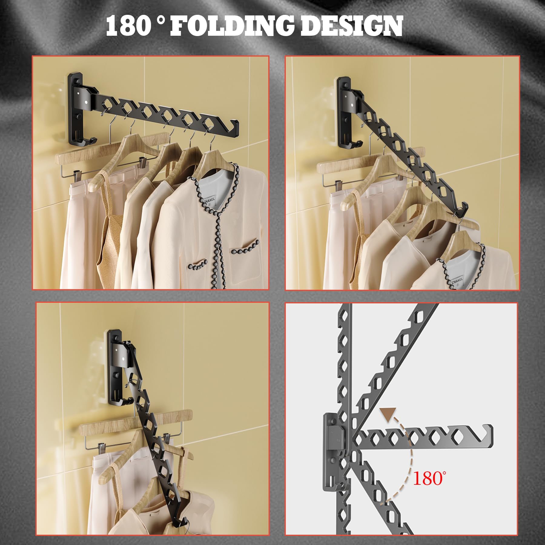 Dr.Dj Wall Mount Coat Hanger Holder Black Clothes Drying Organizer Rack Garment Hooks Aluminium Retractable Folding Indoor Wall