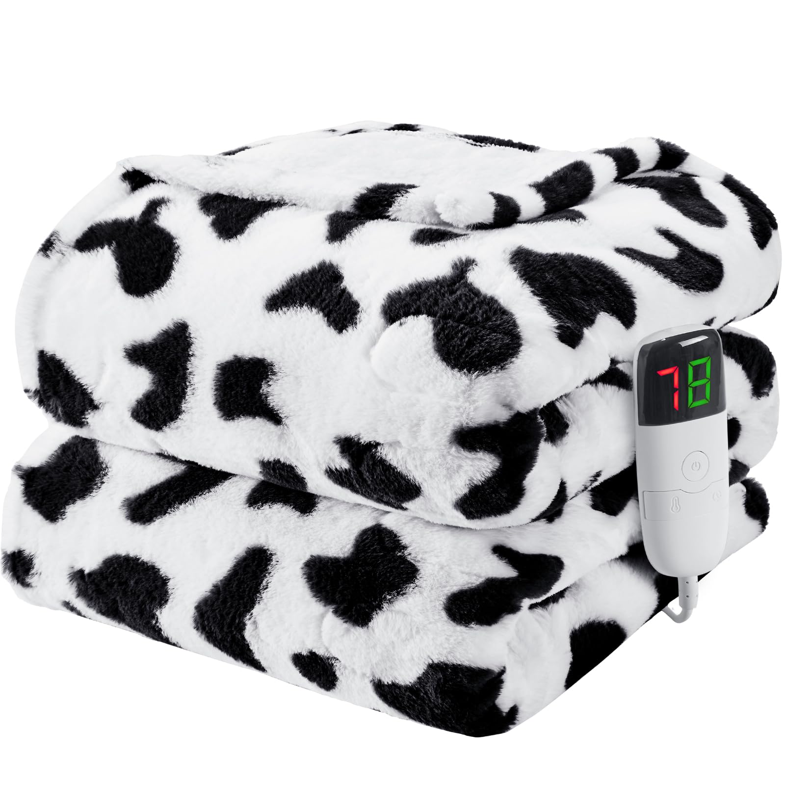 Cow Print Heated Blanket Electric Throw, 50X60 Faux Rabbit Fur Heating Blanket With 10 Heating Levels & 8 Hours Auto Off, Soft C