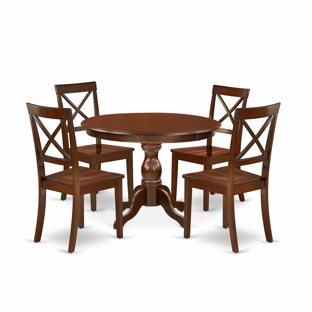 East West Furniture HBBO5-MAH-W 5 Piece Dining Set Includes a Round Dining Table with Pedestal and 4 Kitchen Chairs, 42x42 Inch, Mahogany