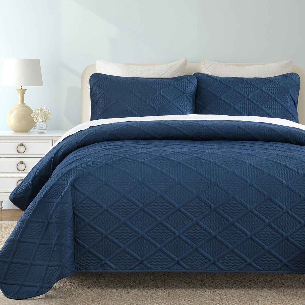 Yiran Navy Blue Quilt Set King Size Fall Bedspreads Embossed Diamond Pattern 3 Piece Soft Microfiber Coverlet Set for All Season