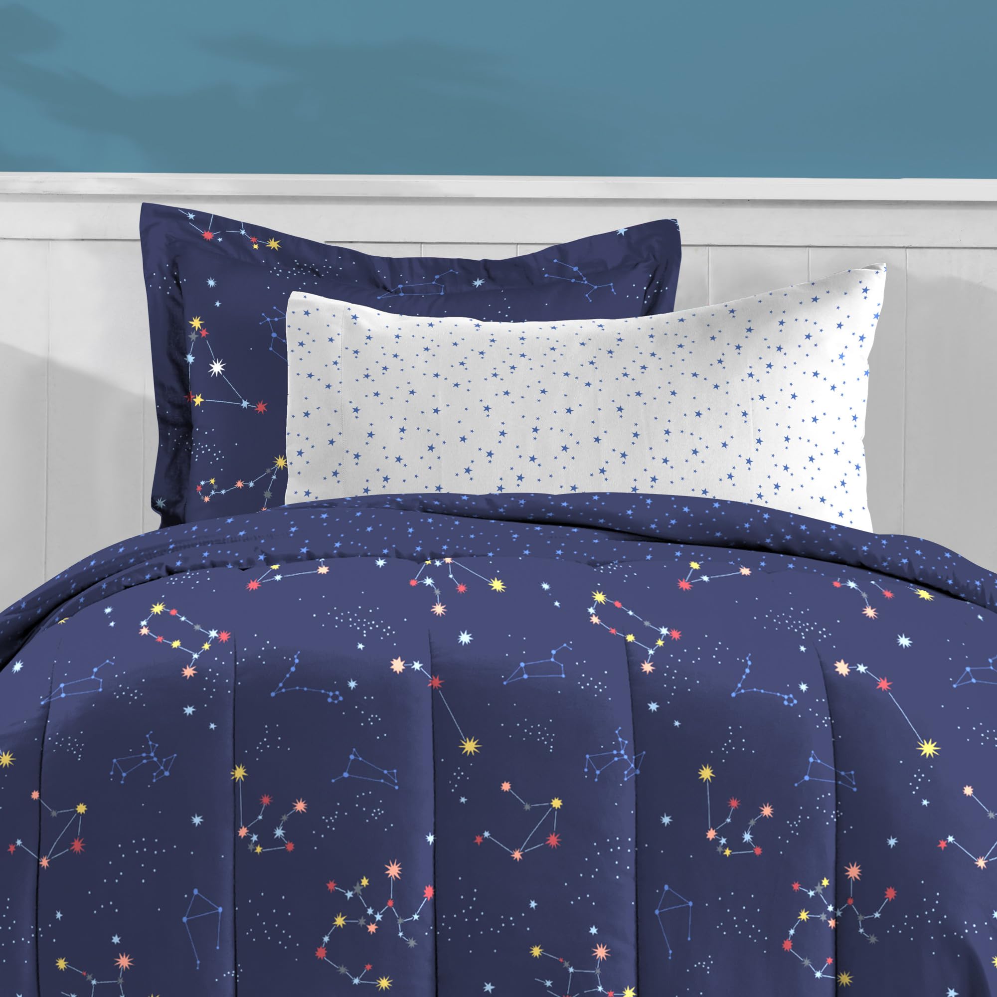 Dream Factory Kids 7-Piece Complete Bed Set Easy-Wash Super Soft Microfiber Comforter Bedding, Full, Navy Blue Zodiac