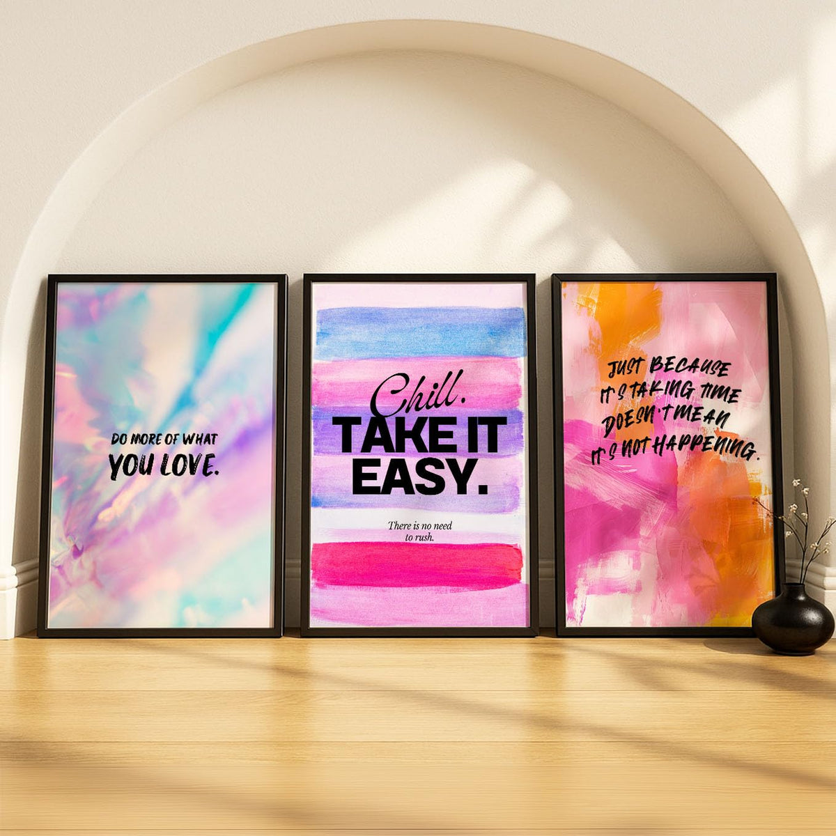 SoulAbiti Mindset Quote Pastel Relaxation set of 3 Framed Wall Print 12x18 inch Black Frame PlexiGlass Positive Affirmation Art