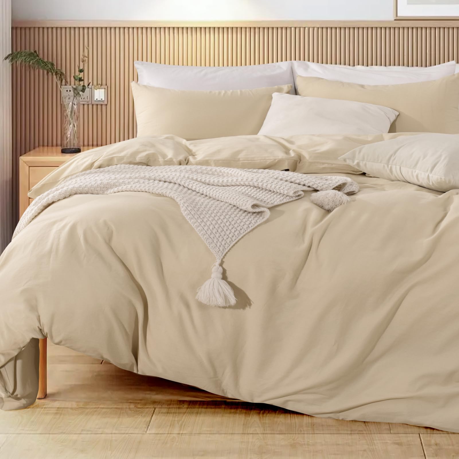 Nexhome Pro Duvet Cover Queen Size, 100% Washed Cotton Linen Feel Textured Organic Natural Duvet Cover, 3 Pieces Bedding Set With Zipper Closure, Breathable, Soft Beige (No Comforter)