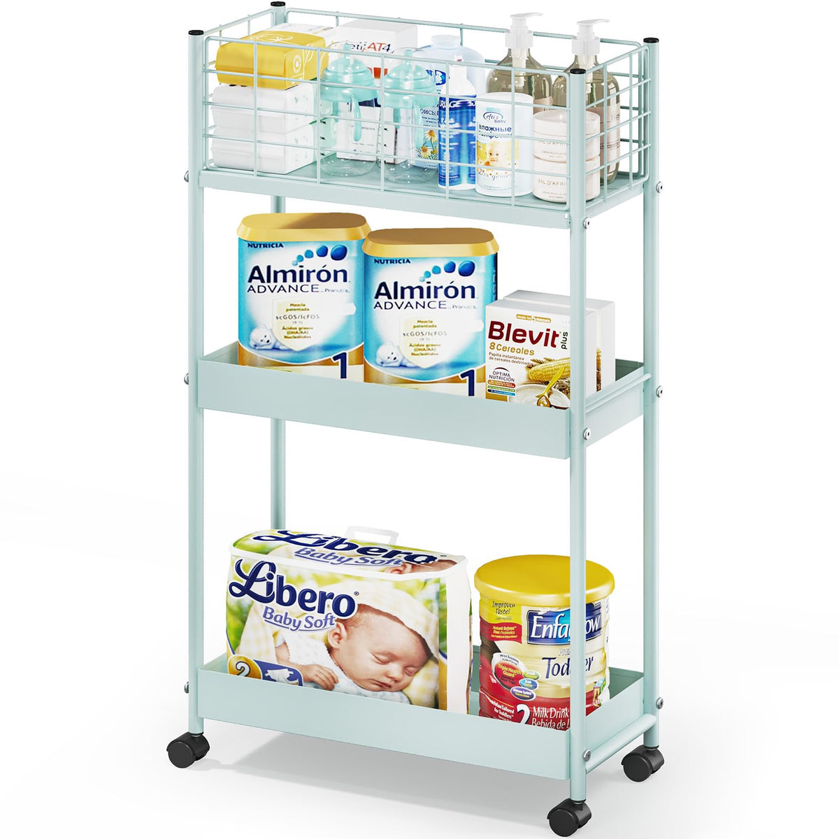 Kingrack 3-Tier Rolling Utility Cart With Wheels, Metal Slim Storage Cart, Multifunctional Storage Organizer, Rolling Storage Cart For Kitchen, Office, Bathroom, Narrow Place, Mint Green