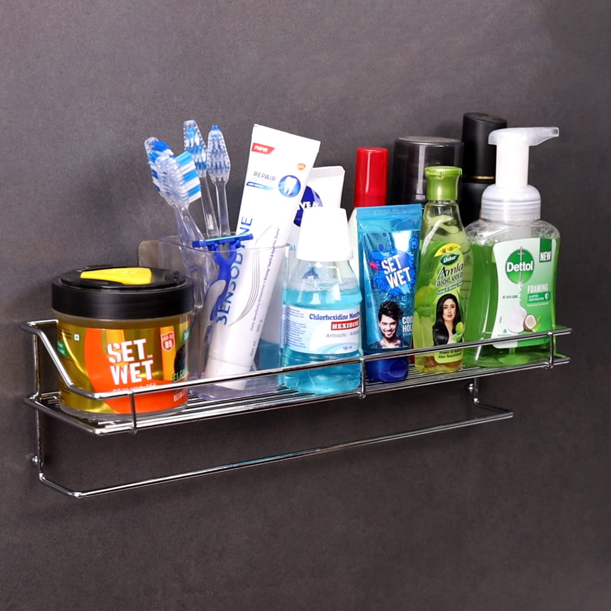 HOKIPO Magic Sticker Series Self Adhesive Chrome Plated Kitchen Bathroom Shelf & Towel Napkin Holder
