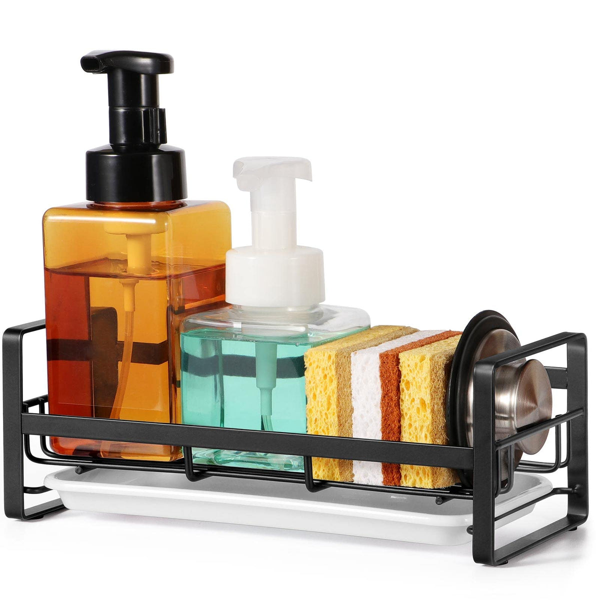FANGSUN Large Sponge Holder for Kitchen Sink, 304 Stainless Steel Sink Caddy Organizer with Removable Drip Tray, Countertop Dish