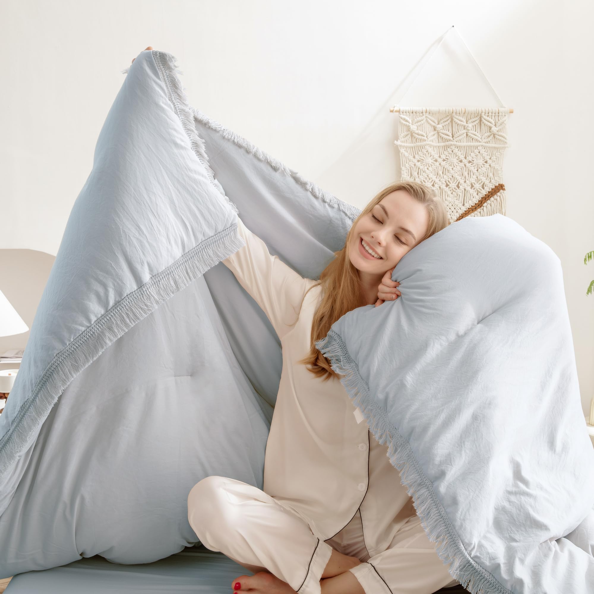 Andency Light Grey Comforter Set Queen, 3 Pieces Boho Tassel Lightweight Bedding Comforter Sets, All Season Soft Fluffy Fringe Bed Set (90X90In Comforter & 2 Pillowcases)