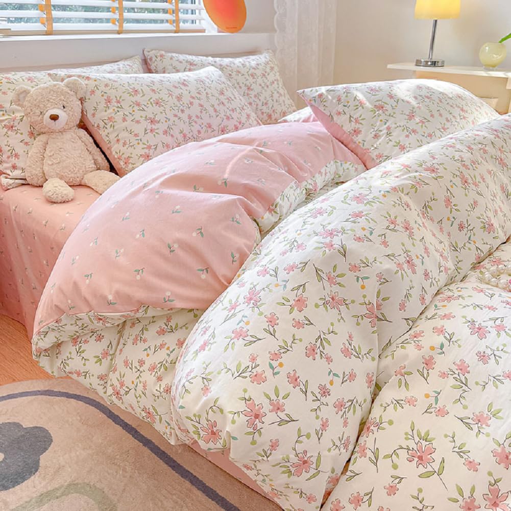 Vintage Style Pink Floral Duvet Cover Queen Cotton Garden Flower Duvet Cover Girls Cute Floral Bedding Set Chic Botanical Comfor