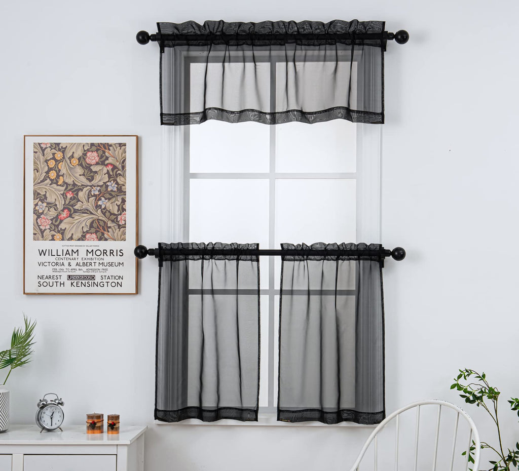 Pi Black Sheer Valance Tier Curtains 18 Inch Length, Voile Small Window Valance For Kitchen/Café Tier Rod Pocket 1 Panel (Black, W52Xl18)