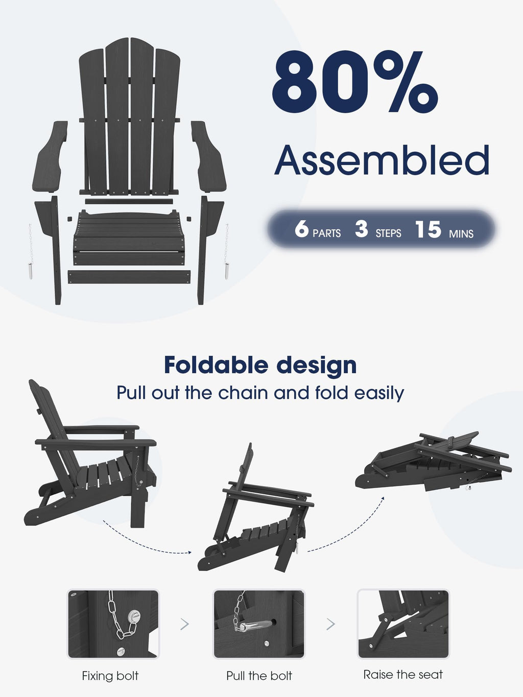 Kingyes Folding Adirondack Chair For Relaxing, Hdpe All-Weather Folding Adirondack Chair, Stackable, Arm Rest, Ergonomic, Grey