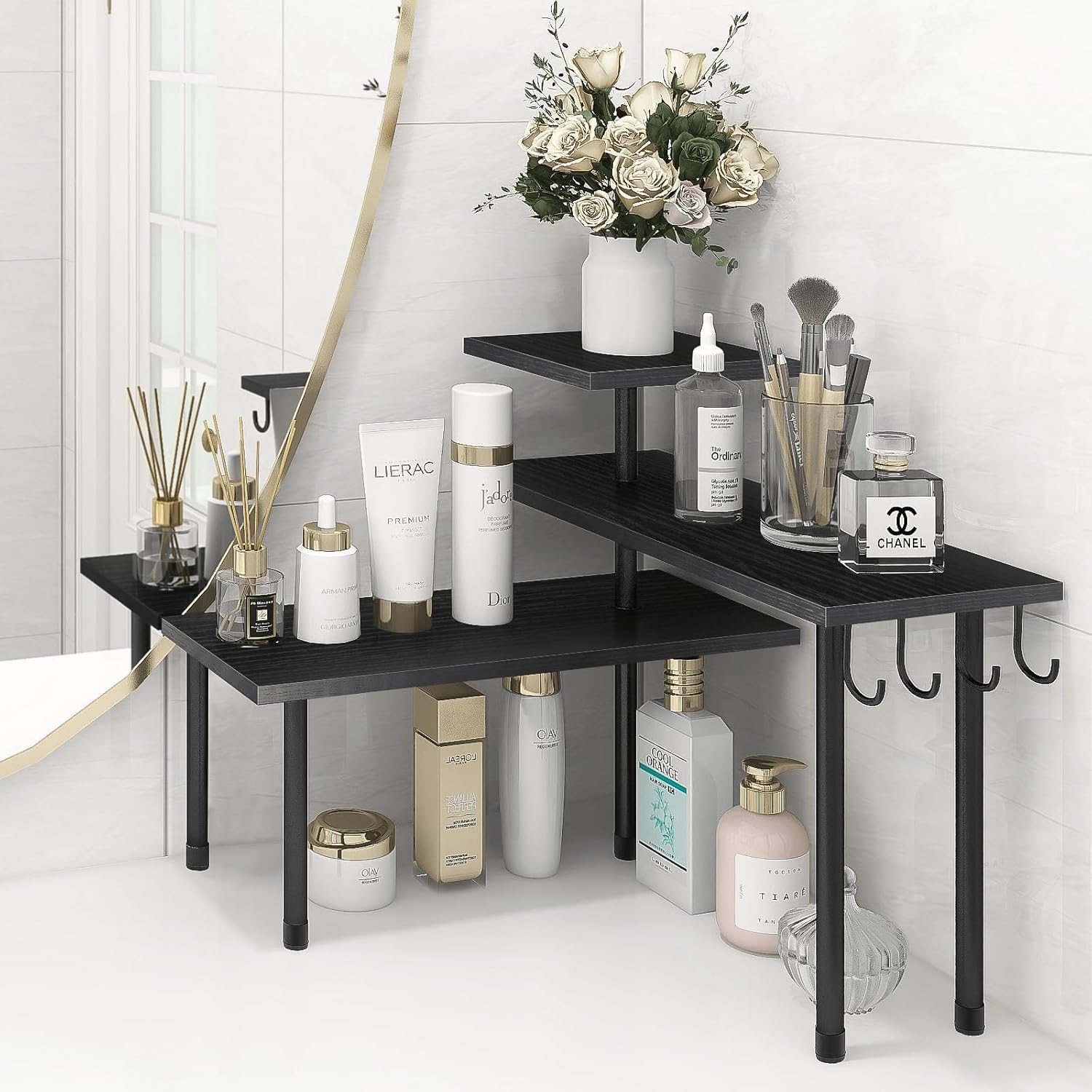 Homode Bathroom Counter Organizer Corner Shelf, Kitchen Countertop Organizer, 3 Tier Wood Counter Shelf Stand for Over The Sink,