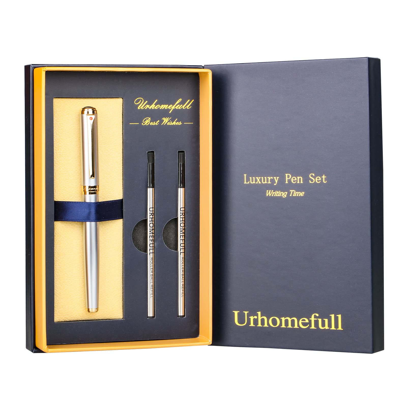 Urhomefull Stunning Luxury Rollerball Pen With 24K Gold Trim,Switzerland Tip With Black Ink Refills,Perfect Roller Ball Point Pe