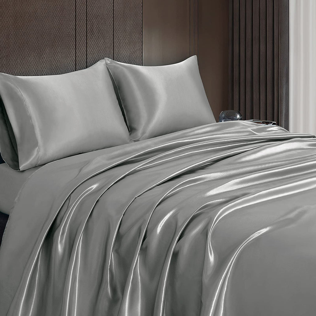 Homiest 4Pcs Satin Sheets Set Luxury Silky Satin Bedding Set With Deep Pocket, 1 Fitted Sheet + 1 Flat Sheet + 2 Pillowcases (King Size, Light Grey)
