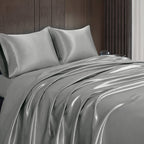 Homiest 4Pcs Satin Sheets Set Luxury Silky Satin Bedding Set With Deep Pocket, 1 Fitted Sheet + 1 Flat Sheet + 2 Pillowcases (King Size, Light Grey)