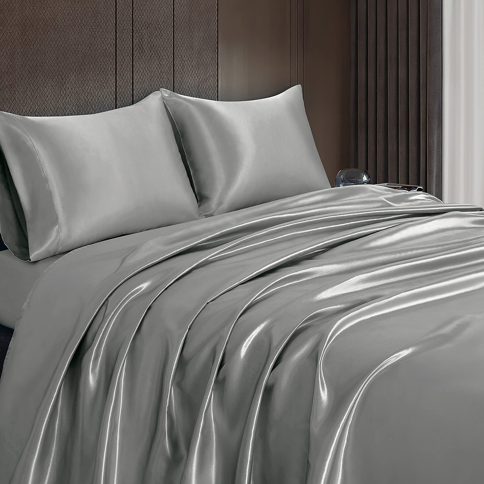 Homiest 4Pcs Satin Sheets Set Luxury Silky Satin Bedding Set With Deep Pocket, 1 Fitted Sheet + 1 Flat Sheet + 2 Pillowcases (King Size, Light Grey)