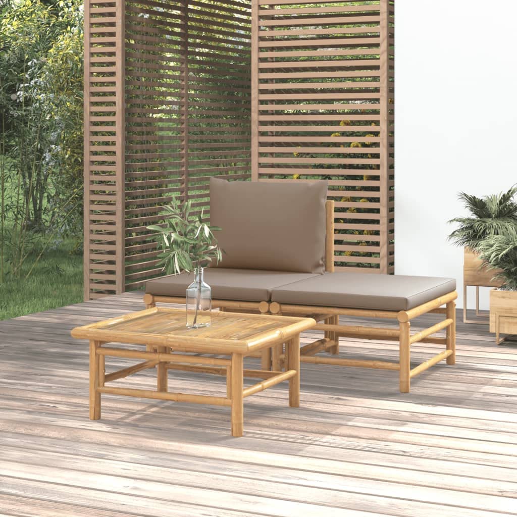 vidaXL Bamboo Patio Lounge Set with Taupe Cushions - 3-Piece, Includes Middle Sofa, Footstool and Table, Robust and Flexible, Modular Design, Perfect for Outdoor Decor