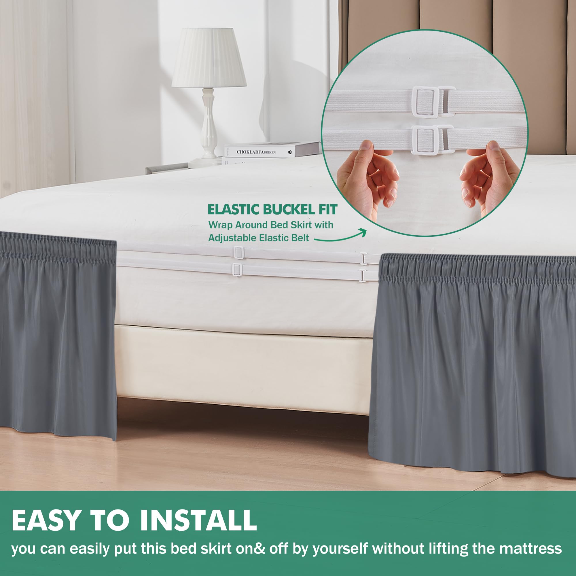 Biscaynebay Wrap Around Bed Skirts With Split Corners For Queen Beds 18' Drop, Dark Grey Elastic Dust Ruffles Easy Fit Wrinkle & Fade Resistant Silky Luxurious Fabric Solid Machine Washable