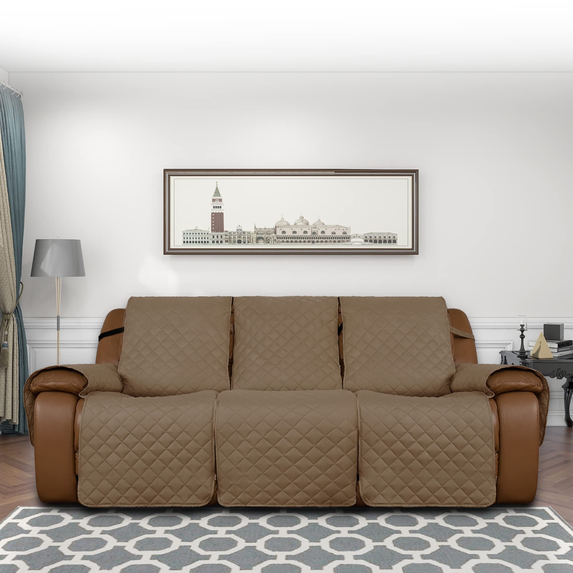 Easy-Going Oversized Recliner Sofa Cover, Reversible Couch Cover For 3 Seat Recliner, Split Sofa Cover For Each Seat With Elastic Straps For Kids, Dogs, Pets (3 Seater, Camel/Camel)