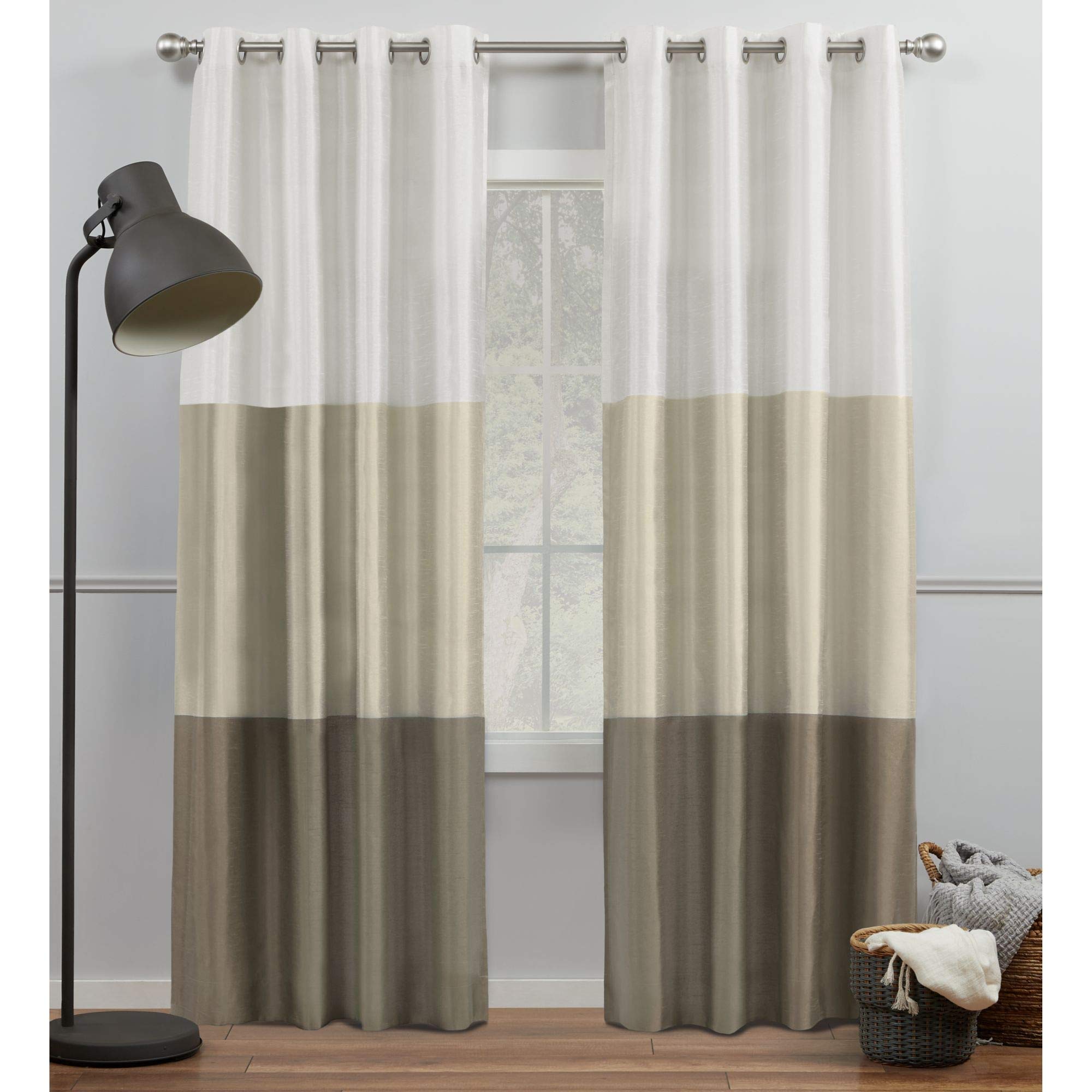 Exclusive Home Chateau Striped Faux Silk Grommet Top Curtain Panel Pair, 54''x96'', White/Sand