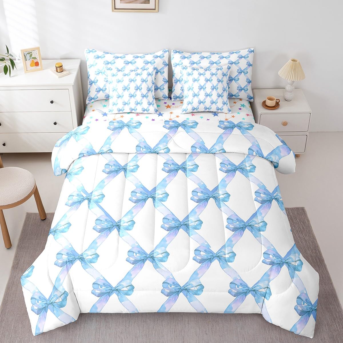 Blue Bowknot 7 Pieces Bedding Set Queen,Princess Style Dreamy Bow-Tie Blue White Bed In A Bag For Teens,Watercolor Bow Grids Lin