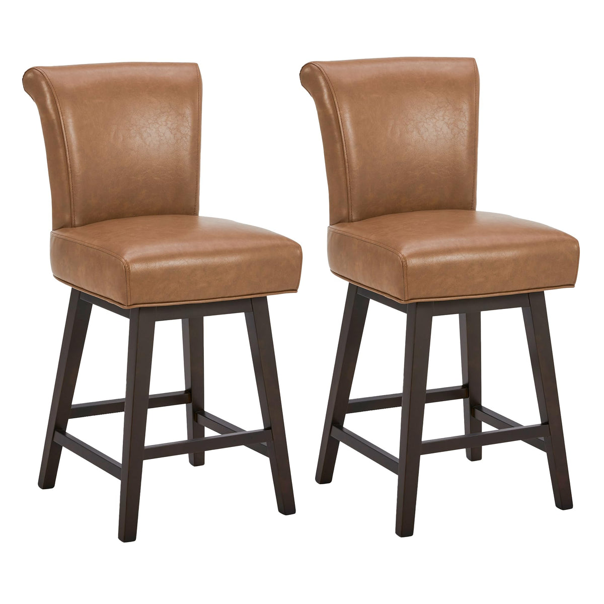 Chita 26 Inch Counter Height Swivel Bar Stools Set Of 2, Fsc Certified Modern Upholstered Faux Leather Swivel Barstool Chair With Back, Saddle Brown