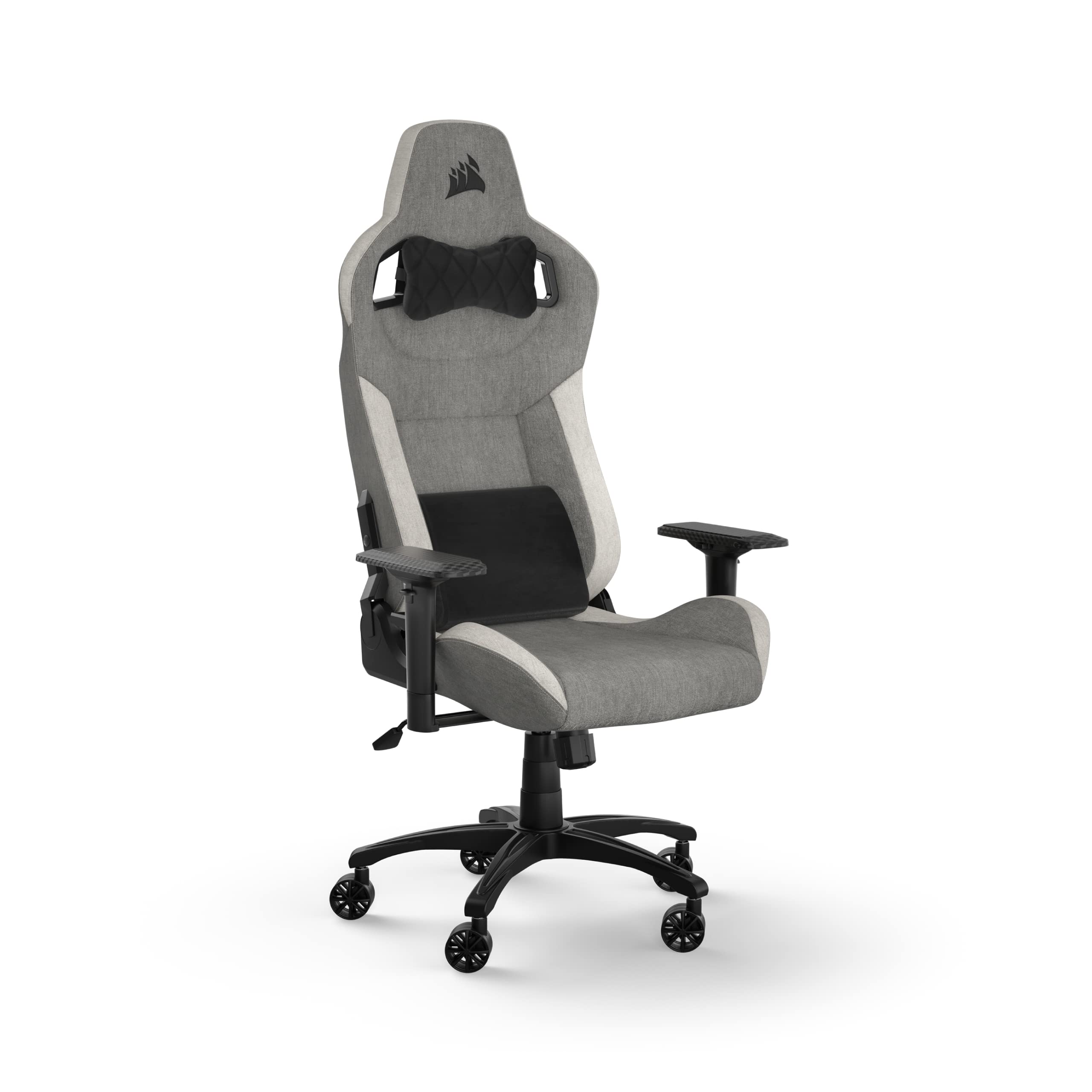 Corsair T3 Rush Fabric Gaming Chair (2023) – Racing-Inspired Design – Soft Fabric Exterior – Padded Neck Cushion – Memory Foam Lumbar Support – Adjustable Seat Height – Gray And White