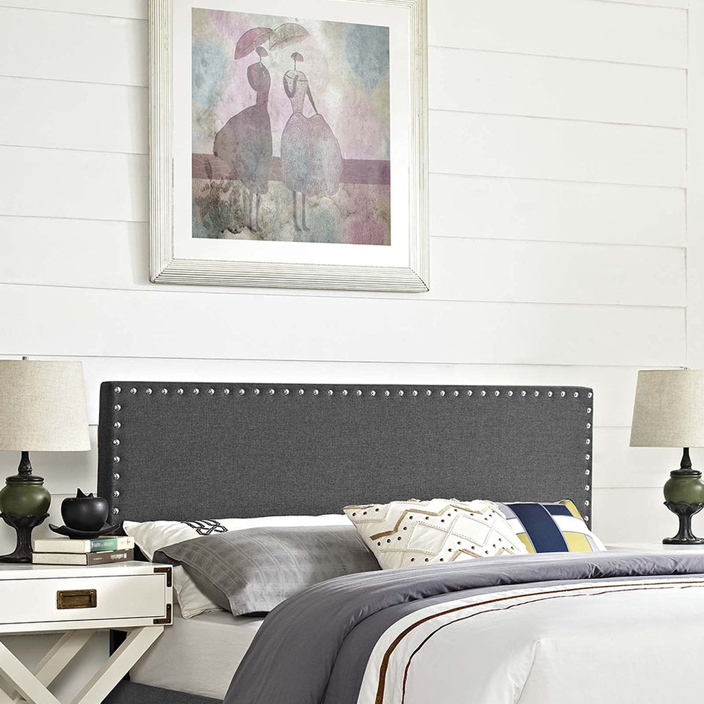 CasaFoyer  Phoebe Fabric Upholstered Queen Headboard | Stylish Minimalist Design | Silver Nail Button Trim | Solid Wood Frame | Adjustable Legs | Soft Linen Fabric Upholstery | Dense Foam Padding