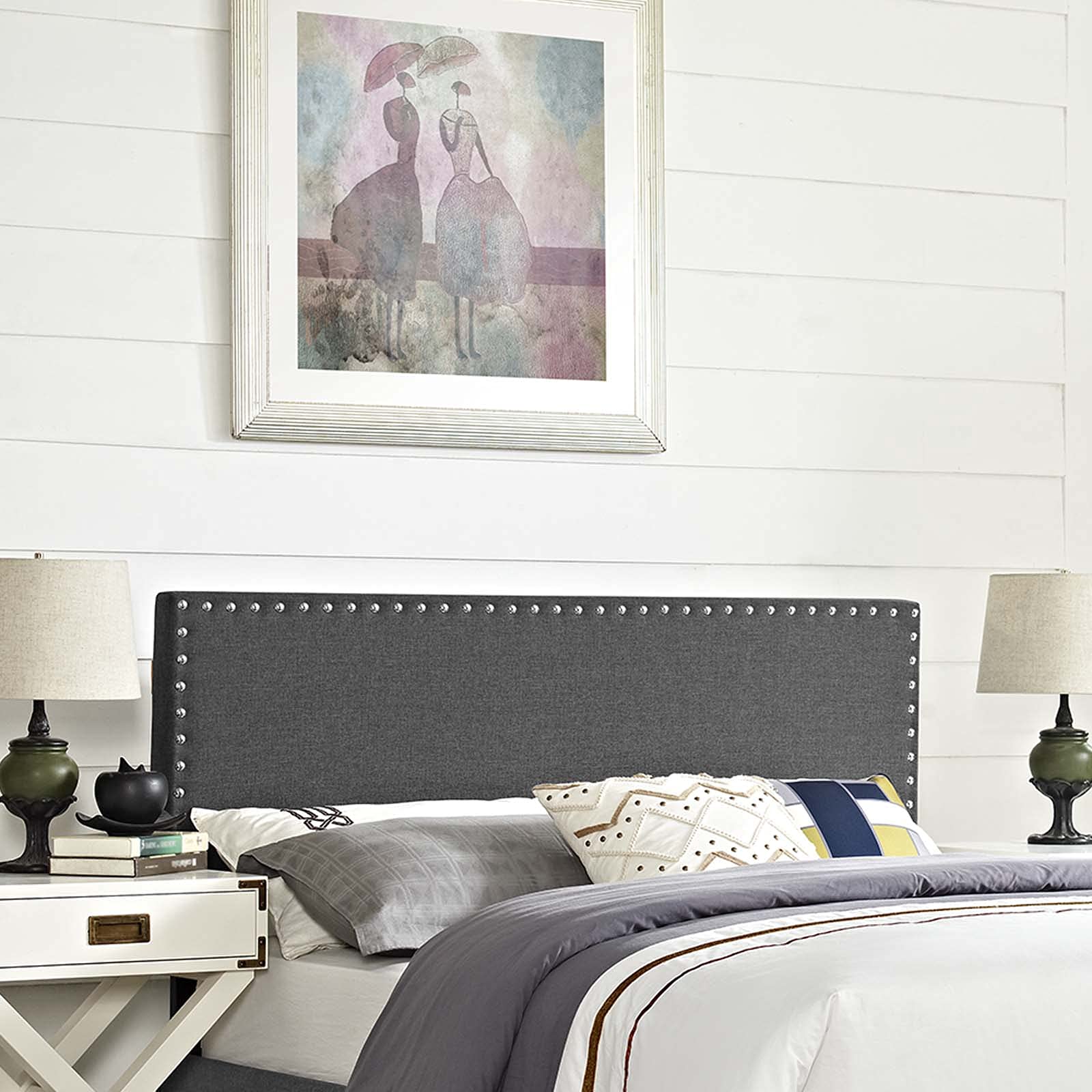 CasaFoyer  Phoebe Fabric Upholstered Queen Headboard | Stylish Minimalist Design | Silver Nail Button Trim | Solid Wood Frame | Adjustable Legs | Soft Linen Fabric Upholstery | Dense Foam Padding