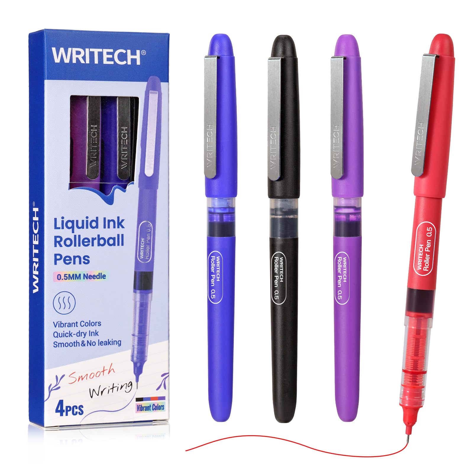 Writech Liquid Ink Rollerball Pens: 0.5Mm Extra Fine Point Tip Quick Dry Roller Pens 4Ct Assorted Colors Ink For Writing, Taking