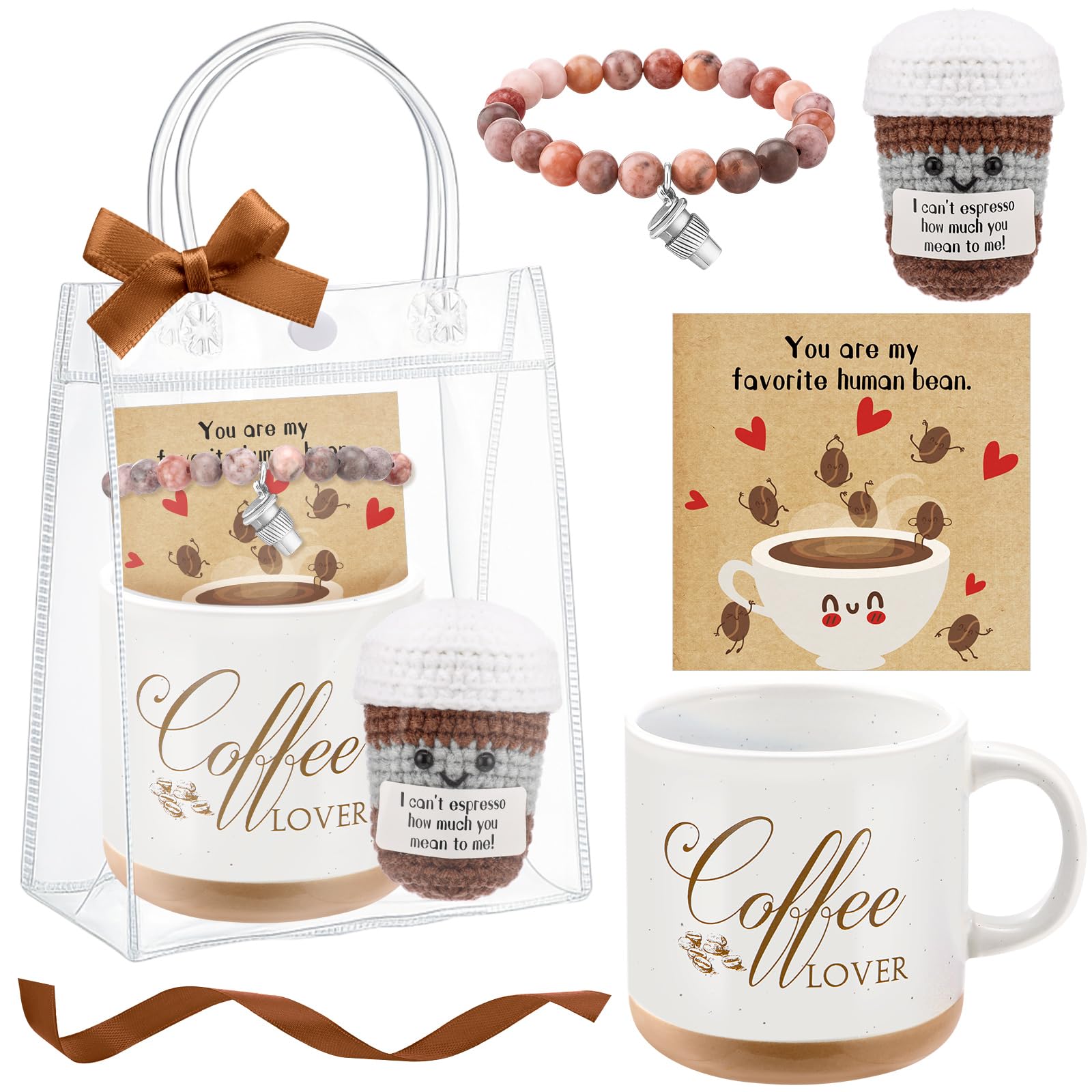 Roshtia Valentine s Day Coffee Lover Gift for Women Ceramic Coffee Mug Mini Cute Crochet Doll Pink Bracelet Card Bag for Caf Es