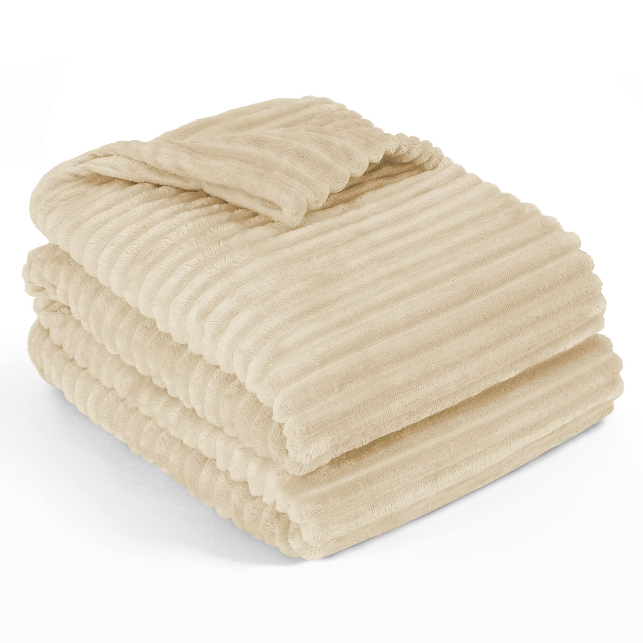 Pavilia Super Soft Fleece Throw Blanket Twin Cream Beige, Fuzzy Plush Flannel Throw, Warm Cozy Ribbed Microfiber Blanket For Sof
