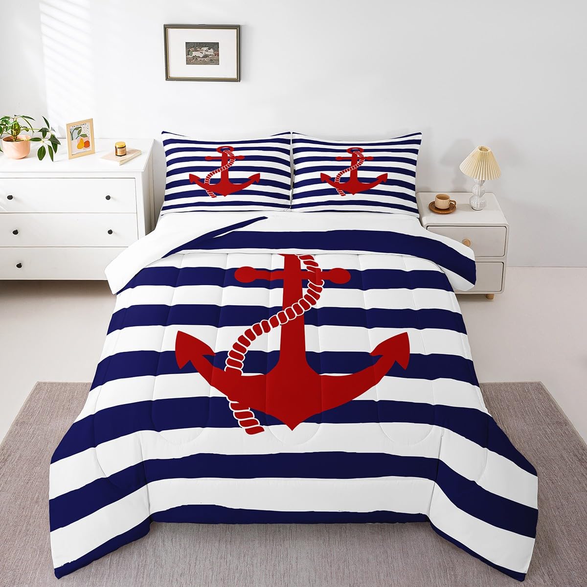 Castle Fairy Kids Nautical Anchor Comforter Set Full Size,Navy Blue Stripes Bedding Sets 3Pcs Ocean Adventure Theme Quilted Duvet For Teens Men Bedroom Decoration,Modern Geometry With 2 Pillowcases
