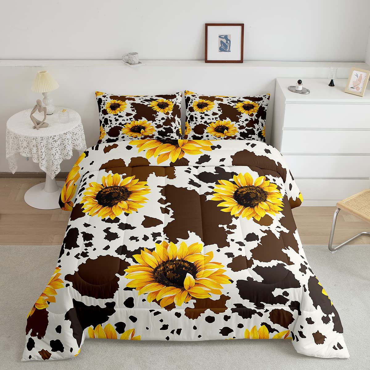 Sunflower Cow Comforter Set For Kids Girls Youth,Rustic Cowhide Brown Bedding Set With Yellow Floral Ultra Soft,Full Size Wildli