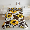 Sunflower Cow Comforter Set For Kids Girls Boys,Rustic Cowhide Brown Bedding Set With Yellow Floral Ultra Soft,Queen Wildlife Fa
