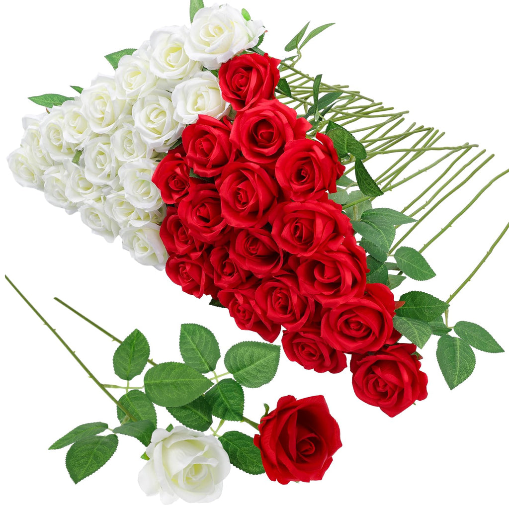 Hoemwarm 36 Pcs Red and White Rose Artificial Roses Flowers Bouquet Centerpiece,Fake Silk Rose Stem Realistic Artificial Flowers