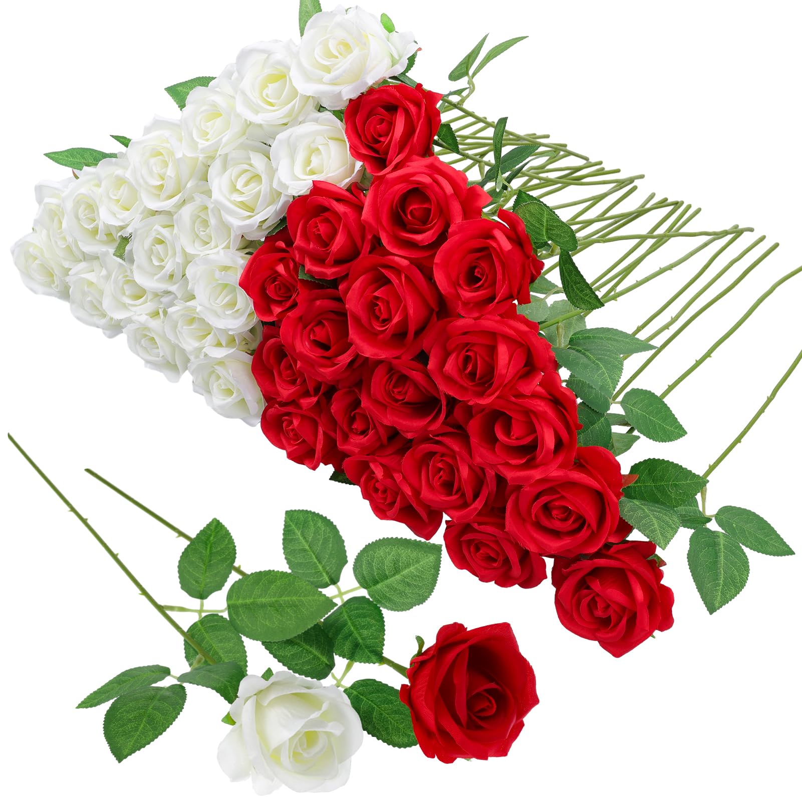Hoemwarm 36 Pcs Red and White Rose Artificial Roses Flowers Bouquet Centerpiece,Fake Silk Rose Stem Realistic Artificial Flowers