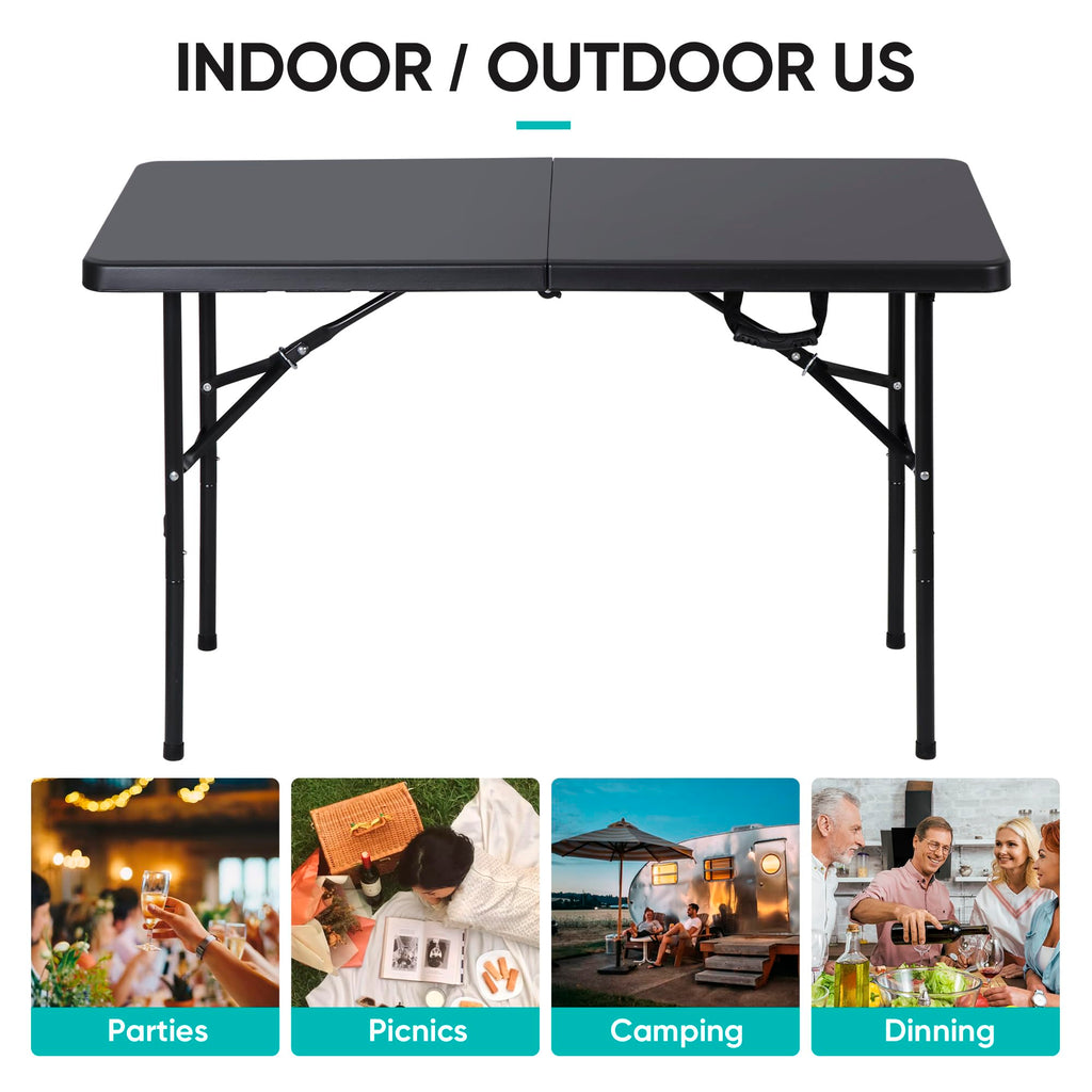 Super Deal Portable 4 Foot Plastic Folding Table, Indoor Outdoor Heavy Duty Fold-In-Half Picnic Party Camping Barbecues Table With Carrying Handle, Black