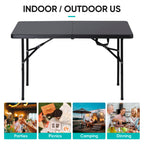 Super Deal Portable 4 Foot Plastic Folding Table, Indoor Outdoor Heavy Duty Fold-In-Half Picnic Party Camping Barbecues Table With Carrying Handle, Black