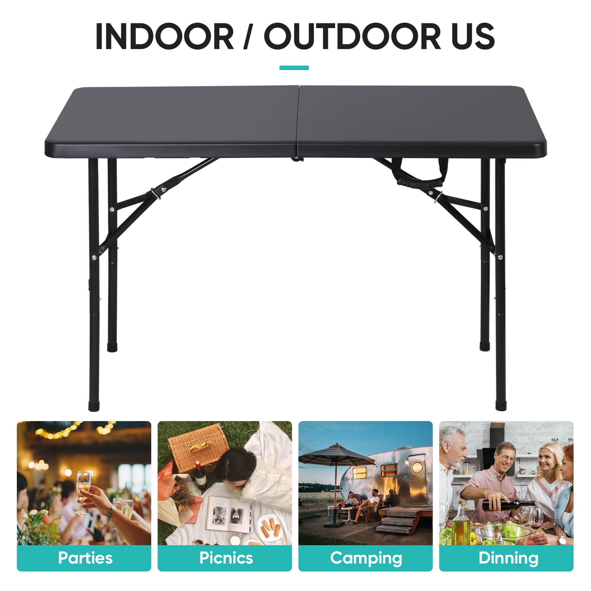 Super Deal Portable 4 Foot Plastic Folding Table, Indoor Outdoor Heavy Duty Fold-In-Half Picnic Party Camping Barbecues Table With Carrying Handle, Black