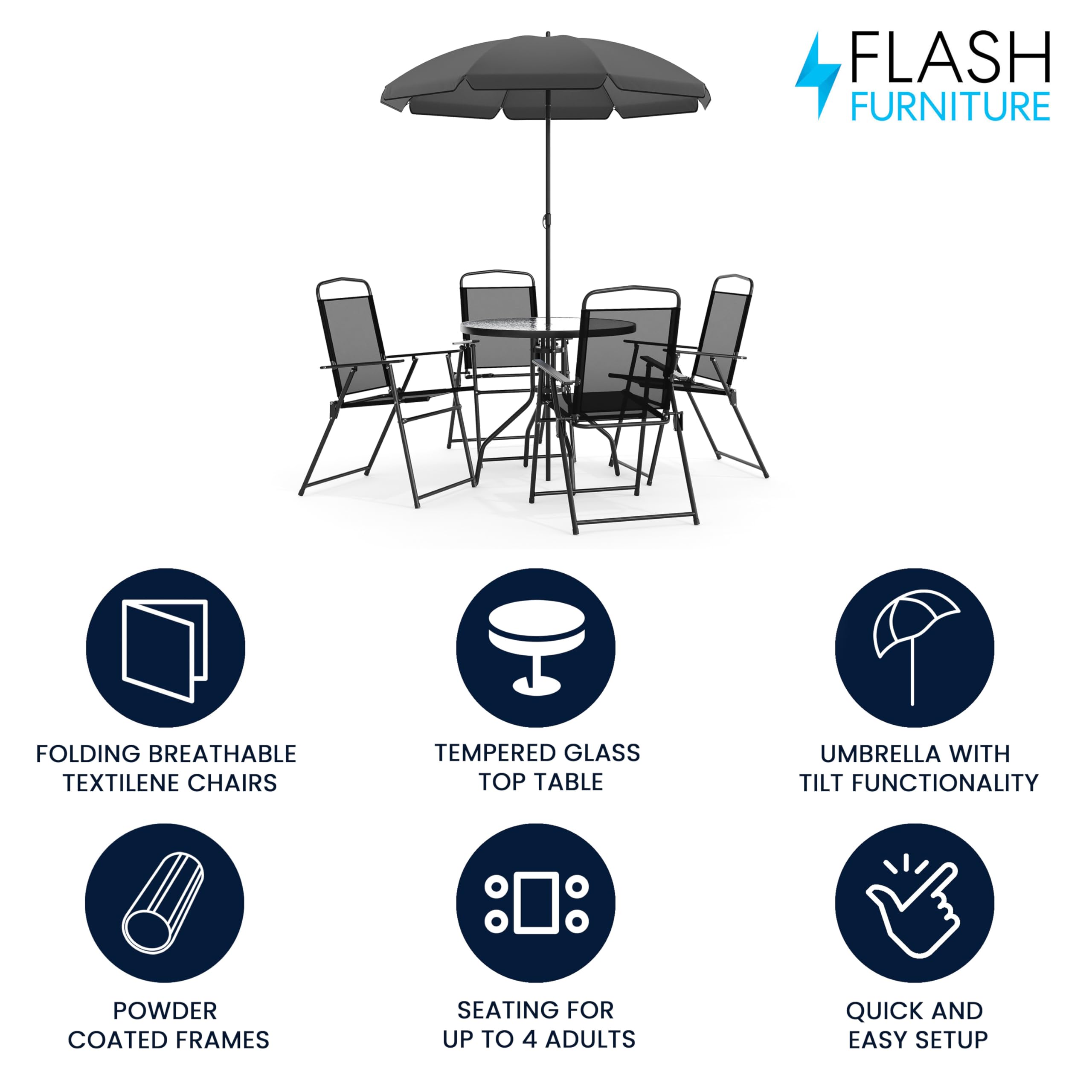 Flash Furniture Nantucket 6 Piece Patio Garden Table Set - Umbrella Table - Set of 4 Black Folding Chairs
